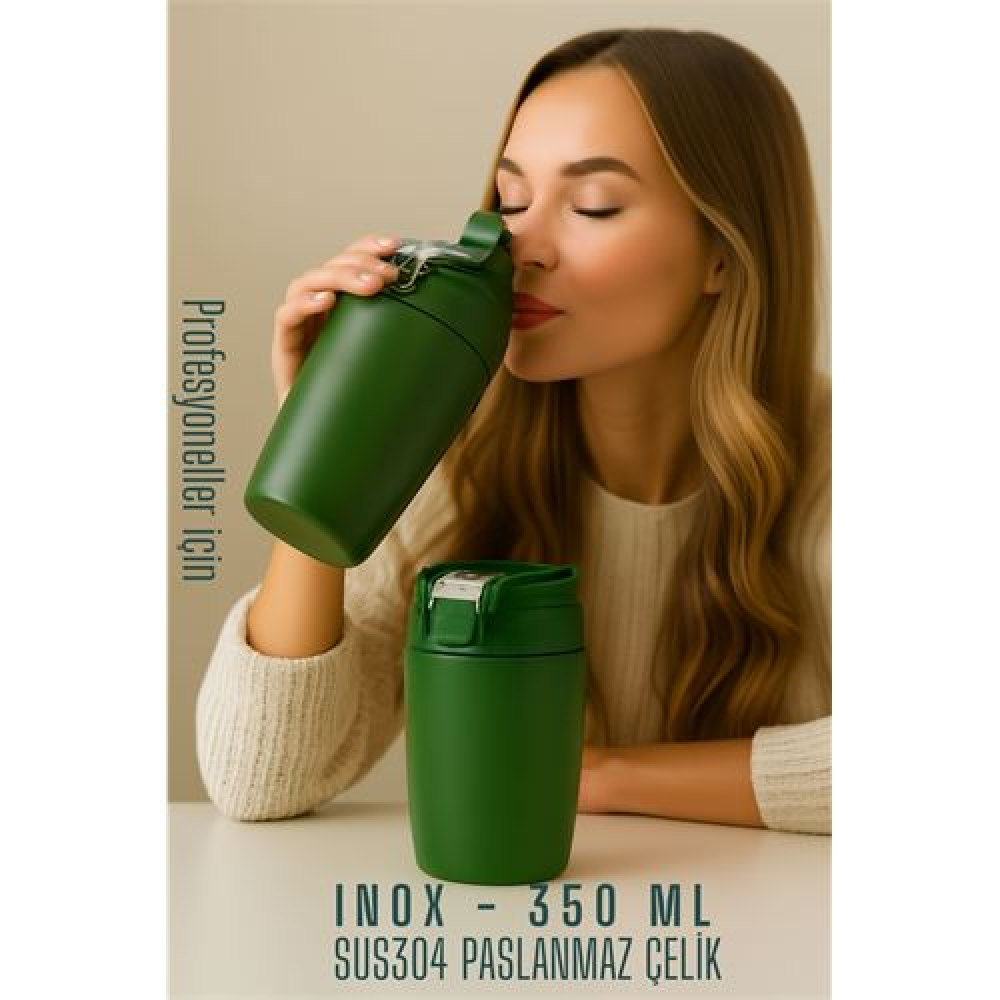 HSNET Inox Çelik Kahve Bardağı - 350 ml  SUS304 Çelik Termos Profesyonel YEŞİL