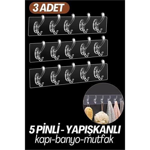 HSNET 5 Pinli 3 lü set Yapışkanlı Askı Xenoty Design