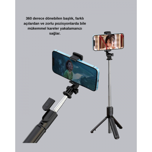 Bluetooth Selfie Çubuğu – 360° Dönebilen Başlık Kablosuz Bağlantı