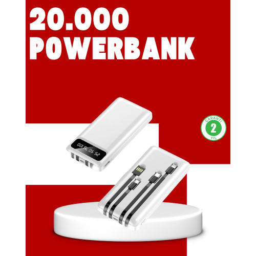 20.000mAh PD Powerbank LED Işık LCD Ekran Dahili Kablo Çoklu Giriş