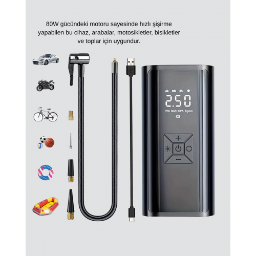 Taşınabilir 80W Kablosuz Lastik Şişirme Pompası Dijital Ekranlı