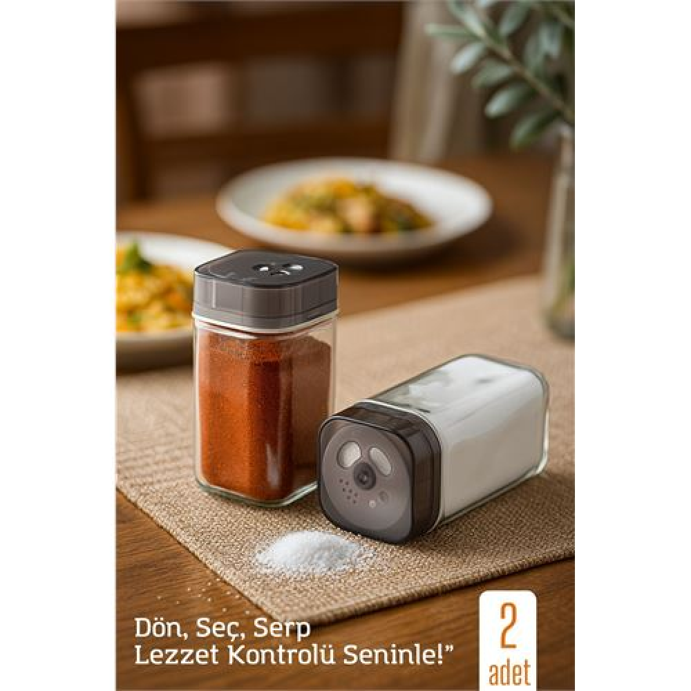 HSNET Cam Tuzluk Baharatlık – 360° Döner Kapaklı | 3 Delik Tipiyle Ayarlanabilir Akış   2 ADET