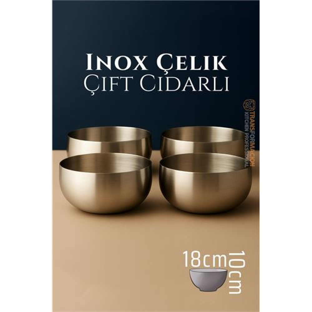 HSNET Çift Cidarlı Kase - Inox Çelik Kase  18 cm 4 LÜ SET