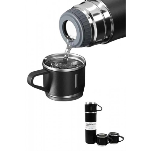 Termos Paslanmaz Çelik Termos Siyah Renk 3 Bardaklı Termos Seti
