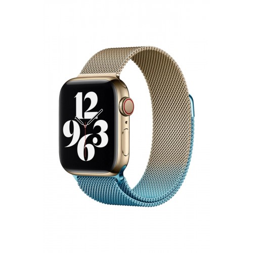 Apple Watch 38mm Metal Mıknatıslı Kordon - Metalik Gold-Mavi-(5796)