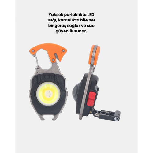 Mini LED Anahtarlık Fener – Şişe Açacağı Tornavida Düdük ve USB Şarj Özellikli