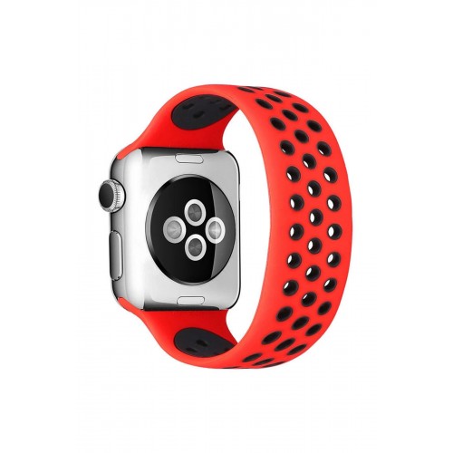 Apple Watch 42mm Ayarlı Delikli Silikon Kordon - Kırmızı-Siyah-(5796)