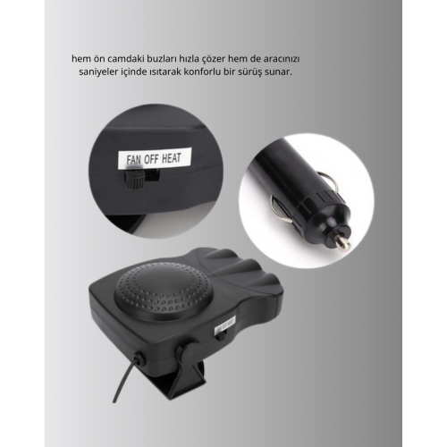 3’ü 1 Arada Araç İçi Isıtıcı ve Fan 150W Güçlü ve 360° Dönebilen Başlıklı