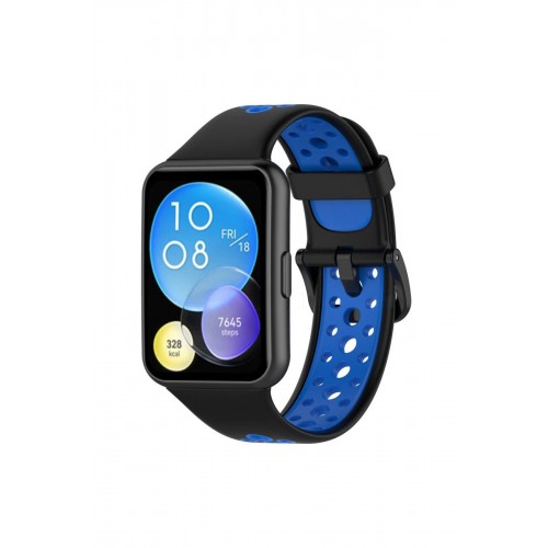 Huawei Watch Fit 2 Spor Delikli Kordon - Siyah-Mavi-(5796)