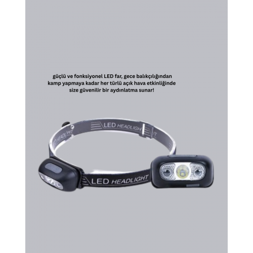 Şarjlı LED Kafa Feneri | 4 Modlu Akıllı Sensörlü Far | Su Geçirmez IPX5 Kamp ve Balıkçı Lambası