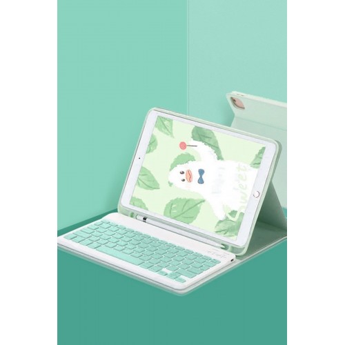 iPad 10.2 (9.nesil) Kılıf KC01 Smart Klavyeli Tablet Kılıfı - Açık Yeşil-(5796)