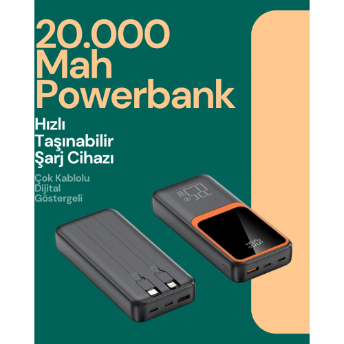 Taşınabilir Şarj Cihazı 20000 mAh | 22.5W Hızlı Şarj + Dijital Ekran + Kablo Dahil