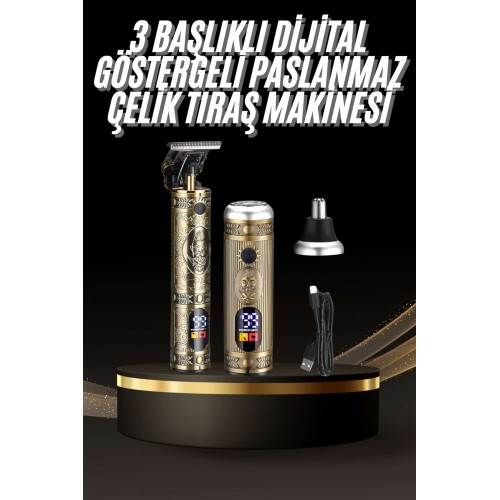 Tıraş Makinesi Pro 3 Başlıklı Dijital Göstergeli Saç Sakal Kulak ve Burun