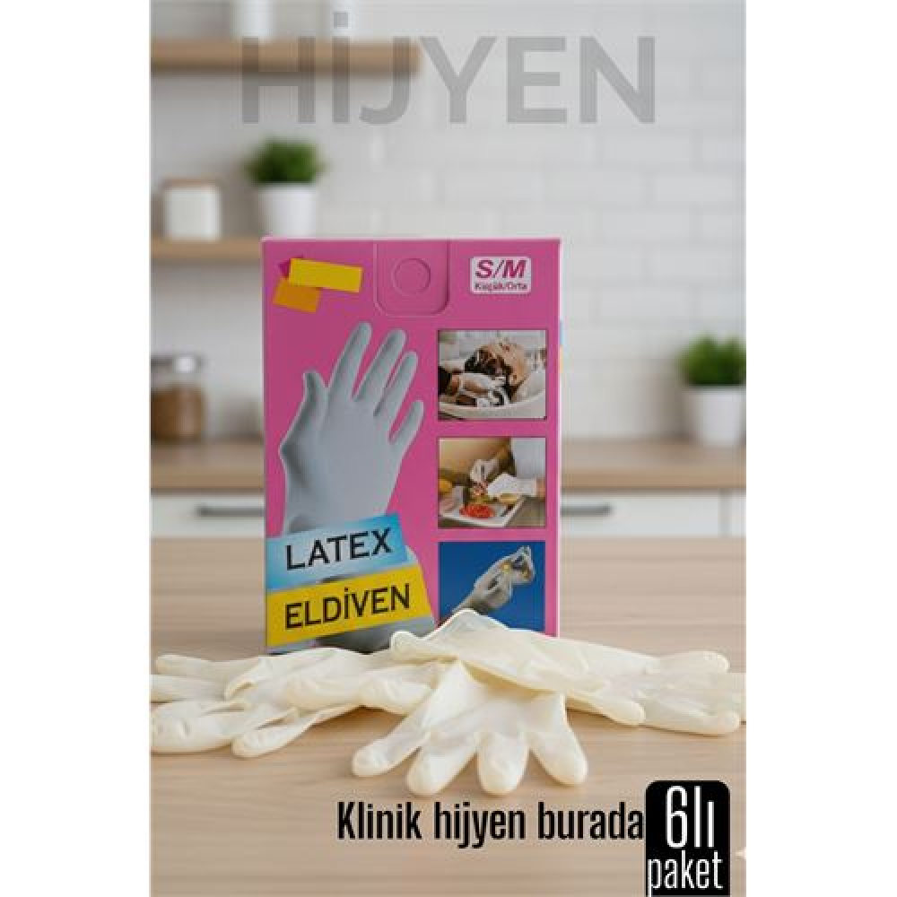 6'lı KUTULU Latex Eldiven Hijyenik Esnek ve Çok Amaçlı Kullanım İçin