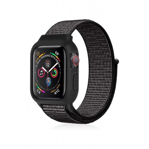 Apple Watch 38mm Hasırlı Cırtcırtlı Kasalı Kordon - Benekli Siyah-(5796)