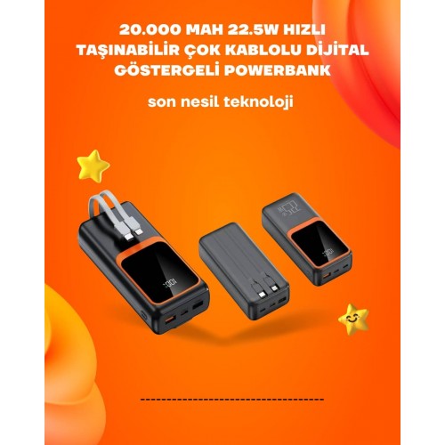 Powerbank 20000 mAh | 22.5W Hızlı Şarj Dahili Kablolu LCD Ekranlı Şarj Cihazı