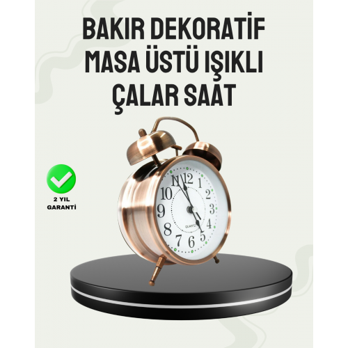 Nostaljik Büyük Boy Metal Masa Saati Bronz Kaplama ve Yüksek Sesli Alarm