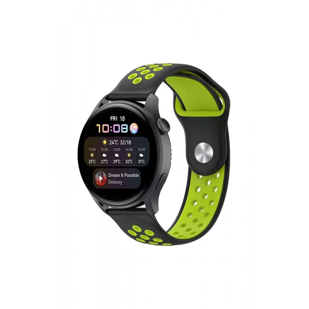 Watch 20mm Spor Delikli Kordon - Siyah-Yeşil-(5796)