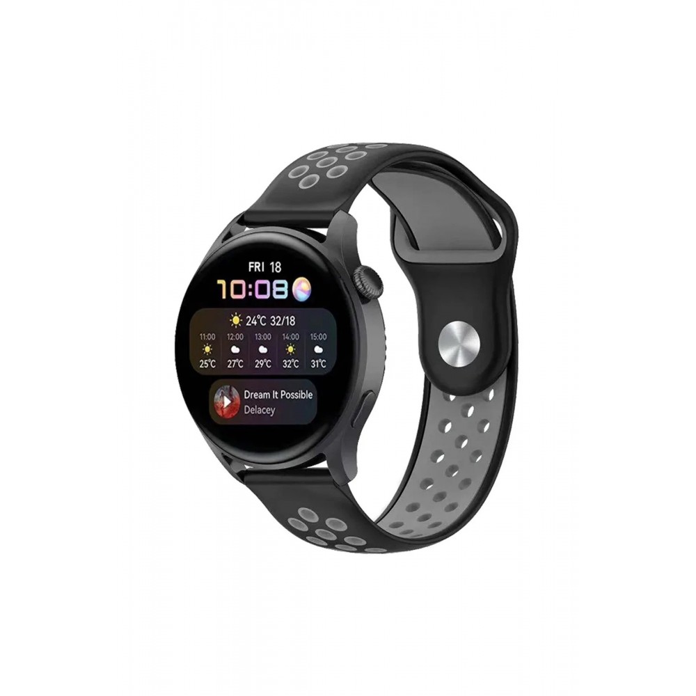 Watch 20mm Spor Delikli Kordon - Siyah-Gri-(5796)