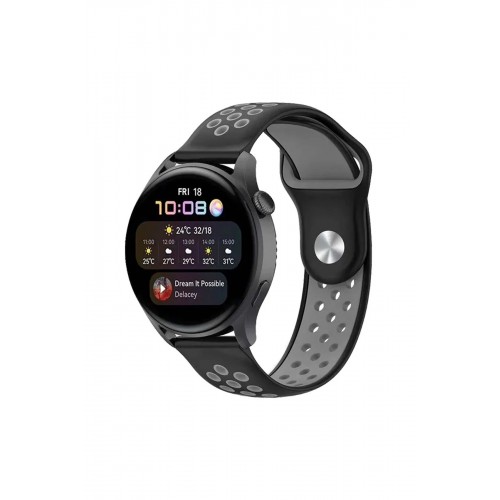 Watch 20mm Spor Delikli Kordon - Siyah-Gri-(5796)