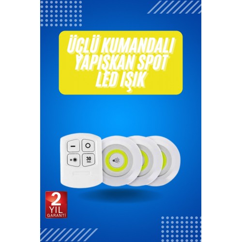 Yapışkanlı 3'lü Spot Led Işık Lamba Montajsız Pilli Uzaktan Kumandalı