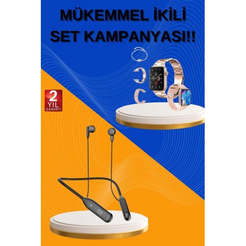 Kablolu Bluetooth Kulaklık ve Kadınlara Özel Bileklik Hediyeli Yeni Nesil Akıllı Saat 3 Kordonlu