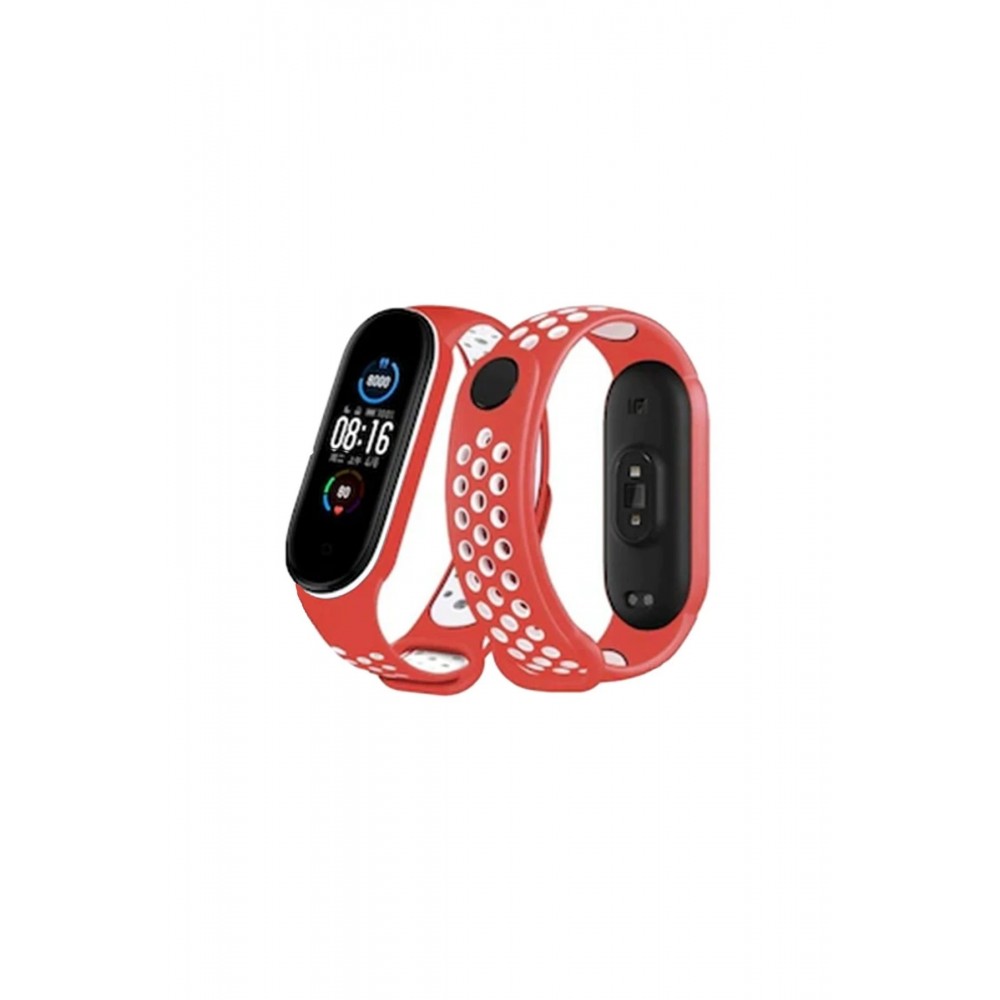 Xiaomi Mi Band 4 Spor Delikli Kordon - Kırmızı-Beyaz-(5796)