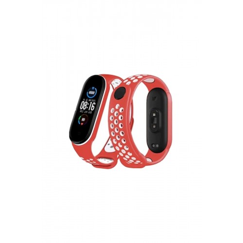 Xiaomi Mi Band 4 Spor Delikli Kordon - Kırmızı-Beyaz-(5796)