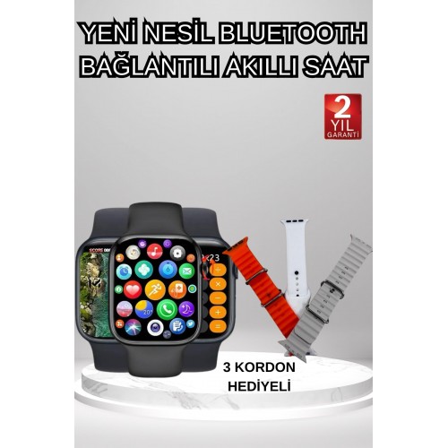 Akıllı Saat Arama Görüşme Bildirim Görme Uyku ve Sağlık Takibi Nabız Ölçer 3 Kordon Hediyeli