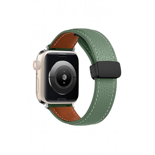 Apple Watch 42mm KR414 Daks Deri Kordon - Koyu Yeşil-(5796)