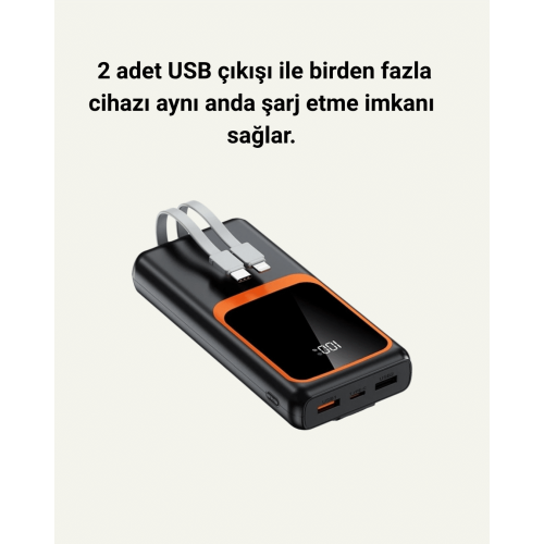 20000 mAh Taşınabilir Powerbank | Çok Kablolu Hızlı Şarj Destekli (22.5W)