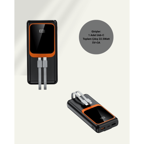 20000 mAh Taşınabilir Powerbank | Çok Kablolu Hızlı Şarj Destekli (22.5W)