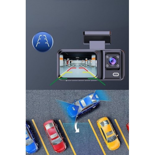 1080P 3 Lensli WİFİ Araç İçi Kameralı Ekran DVR Kaydedici Gece Görüşlü