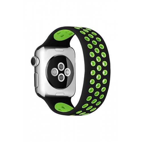 Apple Watch 38mm Ayarlı Delikli Silikon Kordon - Siyah-Yeşil-(5796)