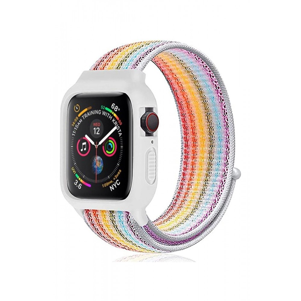 Apple Watch 42mm Hasırlı Cırtcırtlı Kasalı Kordon - Gökkuşağı 2-(5796)