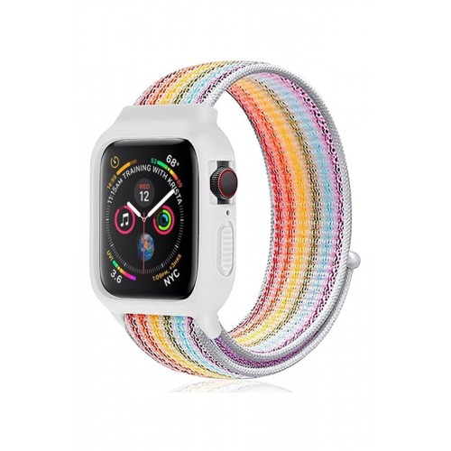 Apple Watch 42mm Hasırlı Cırtcırtlı Kasalı Kordon - Gökkuşağı 2-(5796)