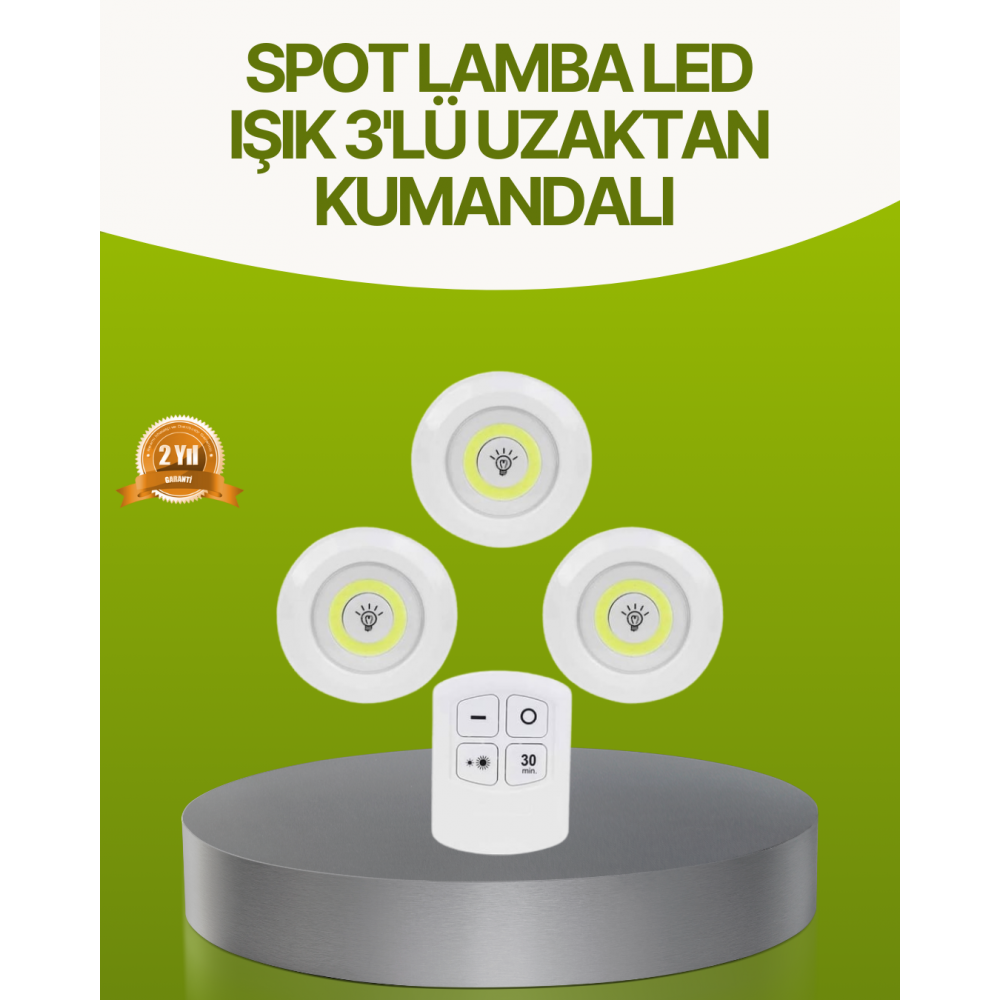 Uzaktan Kumandalı 3 Lü Kablosuz Led Spot Lamba Seti Yapışkanlı Pratik Kullanım