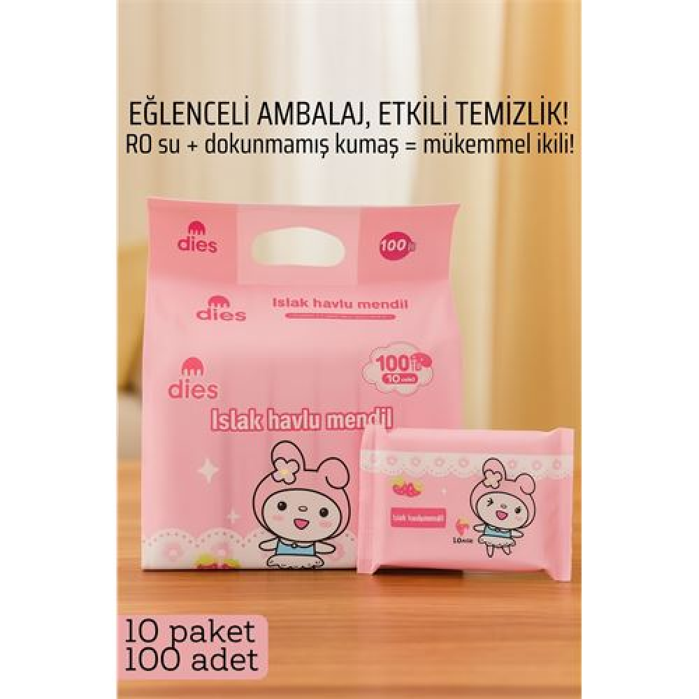Dies Islak Mendil -RO Saf Su & Dokunmamış Kumaşlı 100 Yaprak Temizlik Keyfi PEMBE