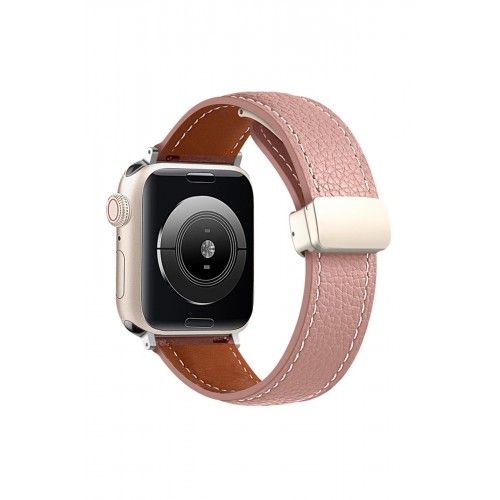 Apple Watch 42mm KR414 Daks Deri Kordon - Pembe-(5796)