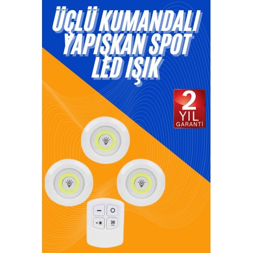 Dolap Işığı Mutfak Rafı Işığı Uzaktan Kumandalı 3 Lü Spot Led Lamba