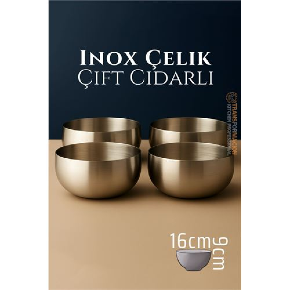 HSNET Çift Cidarlı Kase - Inox Çelik Kase 16 cm 4 LÜ SET