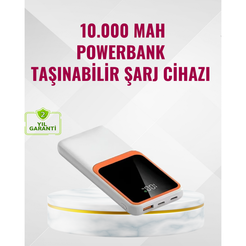 Powerbank 10000 mAh – Çift USB Çıkışlı Type-C Girişli Şık Beyaz Tasarım