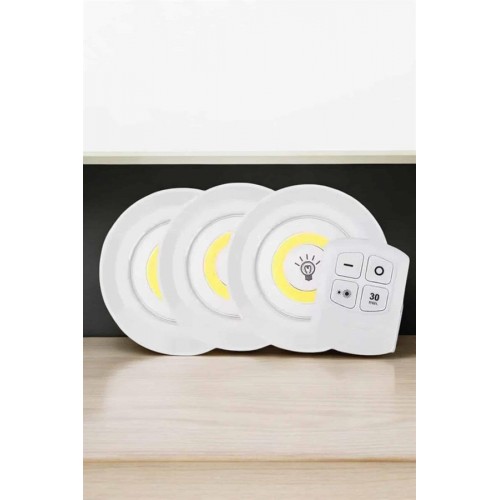 Spot Lamba Led Işık 3'lü Uzaktan Kumandalı Pilli Yapışkanlı Kablosuz