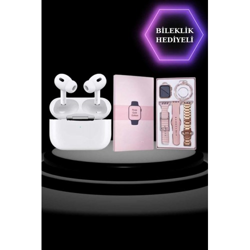 3 Kordonlu Pembe Amoled Ekran Akıllı Saat ve Yeni Nesil Pro Kablosuz Bluetooth Kulaklık ANC/ENC