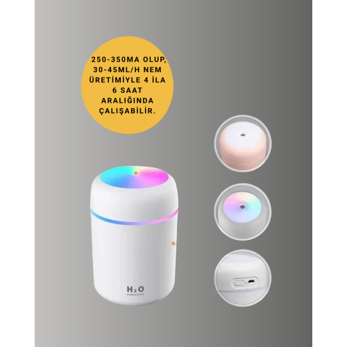 ABS Gövdeli 300ml USB Nemlendirici – Beyaz Gri Pembe Renk