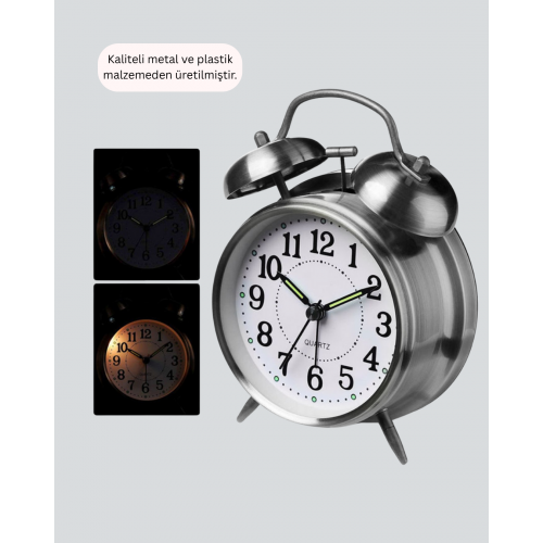 Gümüş Renkli Sessiz Işıklı Dekoratif Masa Üstü Çalar Saat Alarmlı Gümüş Renkli Sessiz Işıklı Dekoratif Masa Üstü Çalar Saat Alarmlı