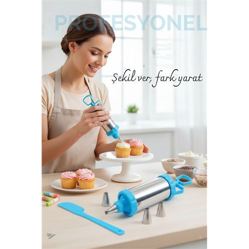 Krema Sıkma Pompası Paslanmaz Çelik – 3 Uçlu 20 cm Parti ve Pasta Dekorları İçin Profesyonel Yardımcı