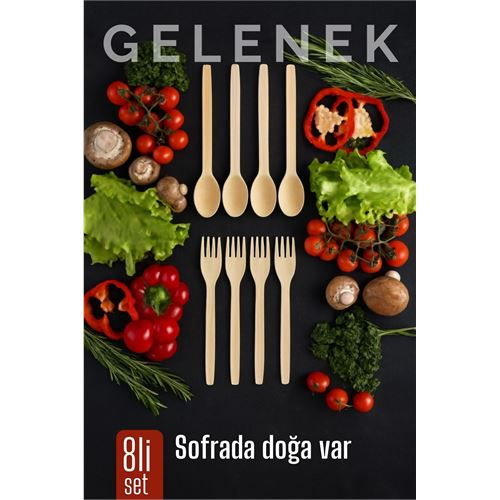Doğal Gürgen Ağacı Kaşık & Çatal Seti – 8’li 27 cm Kaşık / 25 cm Çatal
