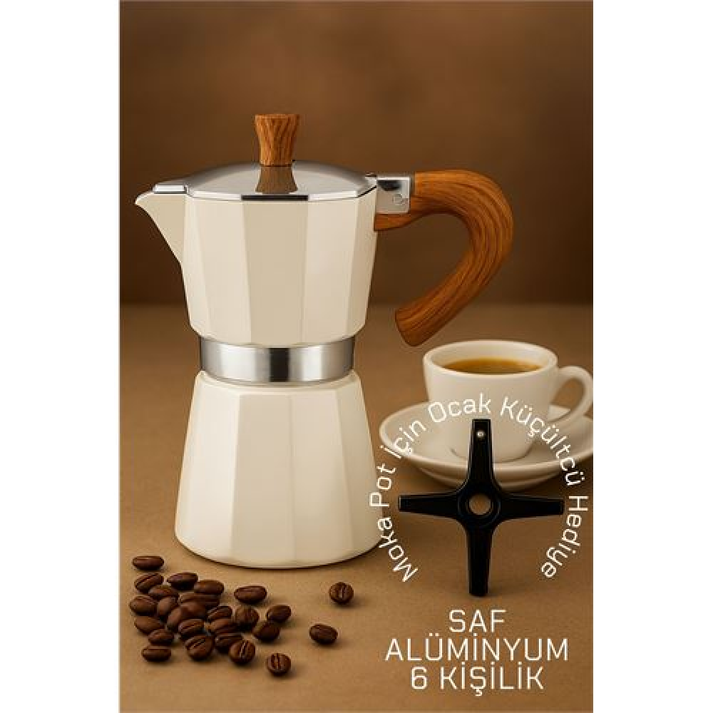 HSNET Italyan Moka Pot - 6061 Saf Alüminyum  Ahşap Saplı - 6 kişilik KREM