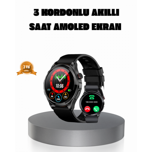 AMOLED Ekranlı Smartwatch – 3 Kordonlu Kalp Atış & Uyku Takipli Akıllı Saat